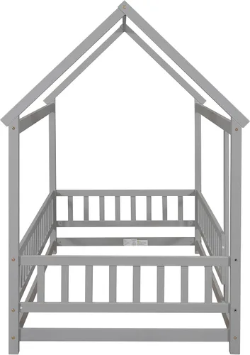 Vista 6 de Cama individual de madera con barandilla de valla para niños y niñas, tienda de campaña con toldo con techo (gris)