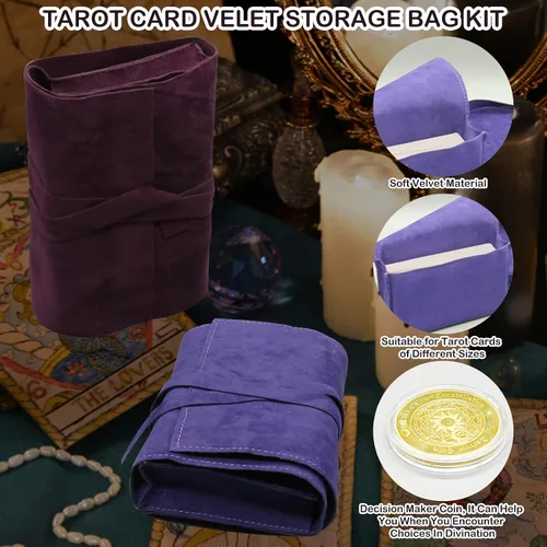 Vista 4 de El kit de 3 piezas de bolsa de tarot contiene caja de almacenamiento de cartas de tarot de terciopelo y moneda para tomar decisiones, bolsas de tela