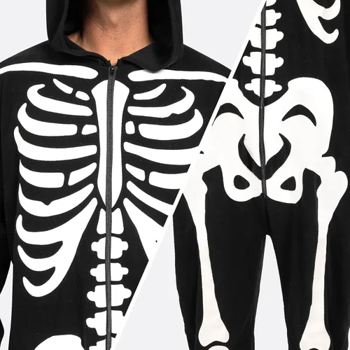 Vista 5 de Spooktacular Creations Disfraz de esqueleto para adultos, para hombre, que brilla en la oscuridad, pijama con capucha, ropa de dormir