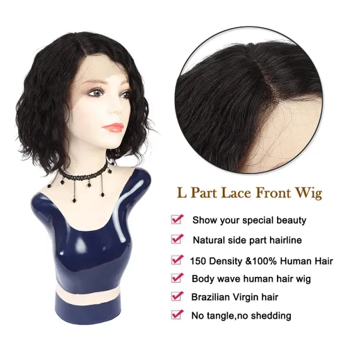 Vista 3 de Blissource Pelucas de cabello humano corto y rizado para mujeres negras, pelucas de cabello humano ondulado con parte en L, pelucas de encaje