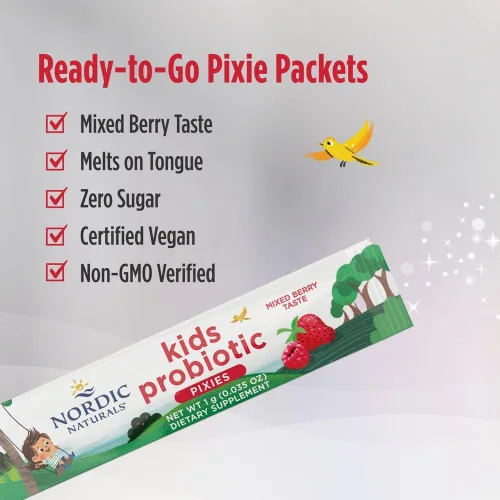 Vista 4 de Nordic Naturals Polvo probiótico de fusión rápida para niños, bayas mixtas, 30 paquetes, 3 mil millones de UFC, bienestar digestivo, apoyo