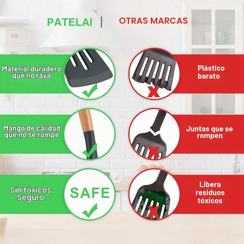 Vista 3 de Juego de 2 espátulas de silicona ranuradas, espátula de silicona con mango de madera, espátula de cocina resistente al calor antiadherente