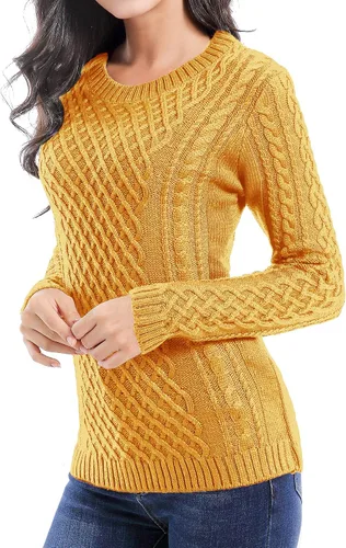 Vista 2 de v28 - Suéter elástico de punto trenzado con cuello redondo y manga larga para mujer