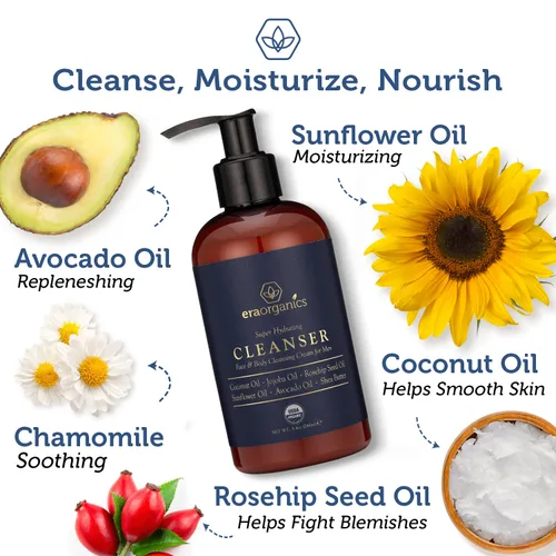 Vista 2 de Era Organics Lavado facial orgánico USDA para hombre, nutritivo, hidratante facial, limpiador corporal para una piel más suave