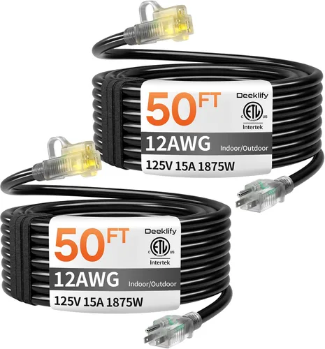 Vista 21 de Cable de extensión para exteriores de servicio pesado de calibre 12 de 50 pies con extremo iluminado, resistente al agua, cable de extensión de Negro