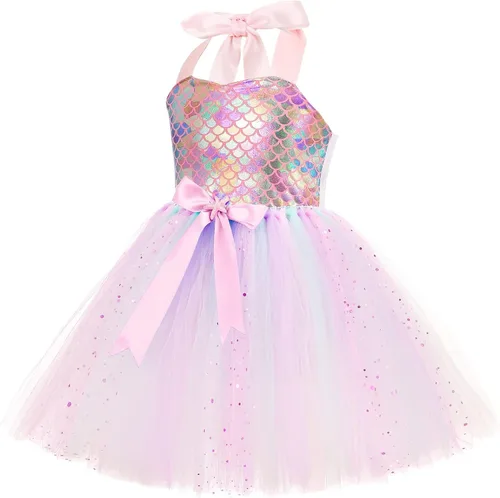 Vista 5 de Tutu Dreams Mermaid Dress for Girls with Crown Birthday Halloween Party Gifts Dress Up Clothes