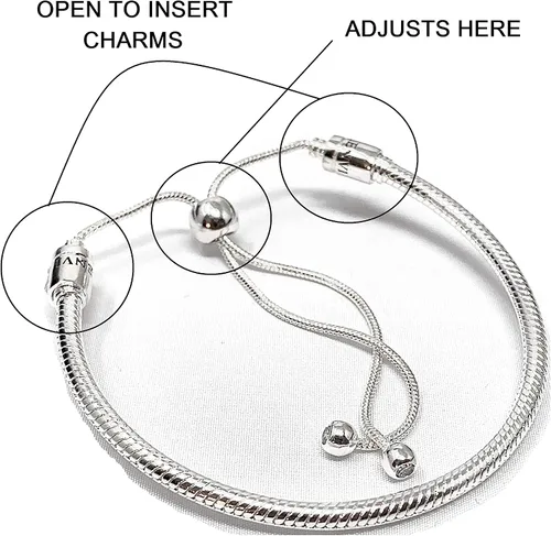Vista 4 de Auténtica pulsera Bolenvi de plata de ley 925 de tamaño ajustable compatible con dijes de cuentas Pandora Metal