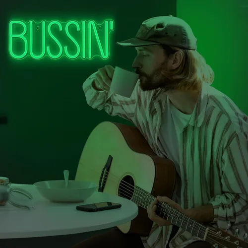 Vista 5 de Lumoonosity Letrero de neón Bussin - Luces de neón led de Meme Bussin para jugadores/streamers/influencers – Letras de neón verdes modernas
