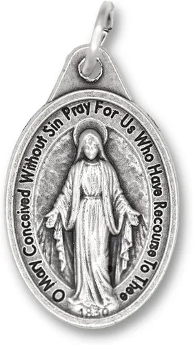 Vista 3 de Paquete a granel de 100 colgantes de medalla milagrosa para collar medallas ovaladas milagrosas oxidadas de plata de 1 pulgada medallas para joyería