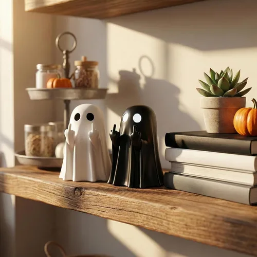 Vista 5 de 2 piezas de decoración de fantasma de Halloween, linda figura de fantasma de dedo, divertida decoración de estatua espeluznante de resina, estante