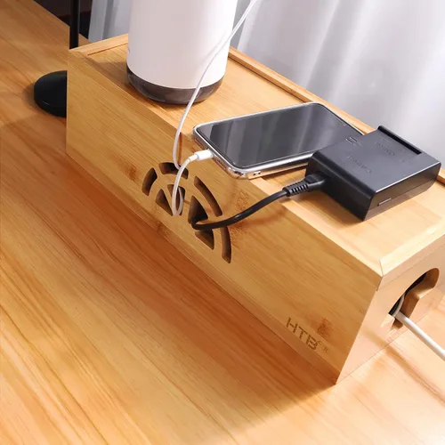 Vista 9 de HTB - Organizador de cables para escritorio, caja de gestión de cables y gestión de cables de bambú para centro de entretenimiento de TV, oficina