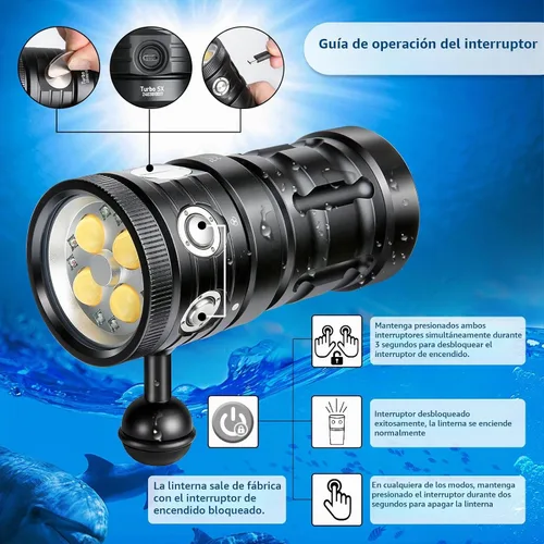Vista 3 de Luz de buceo Turbo SX, 11000 lúmenes, luz de video subacuática de 328.1 ft, linterna de buceo, luz de buceo, linterna impermeable con para deportes