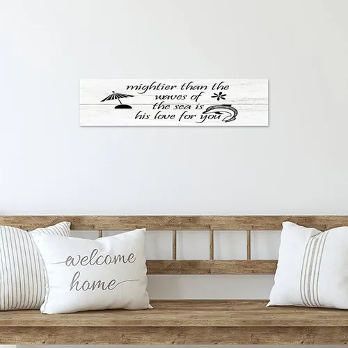 Vista 4 de Letrero de madera retro con texto en inglés "Mightier Than The Waves of The Sea Is His Love for You", 4 x 16 pulgadas, arte decorativo de pared