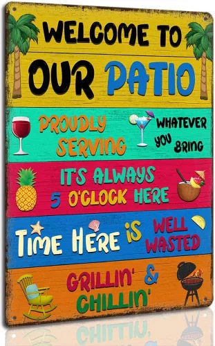 Vista 9 de Letreros de metal para decoración de patio trasero, letrero de metal para exteriores, con texto en inglés "Welcome To Our Backyard Bar