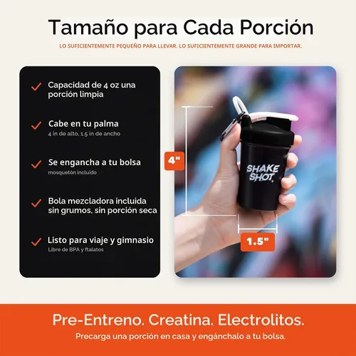 Vista 2 de Negro - Botella mezcladora mini de 4 oz para preentrenamiento, creatina, suplementos de cucharada pequeña (no para proteínas) con clip y bola