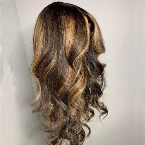 Vista 3 de Peluca de cabello humano ondulado con reflejos rubios y marrones, encaje frontal, sin pegamento, prearrancada, Remy brasileño, densidad 150, 12