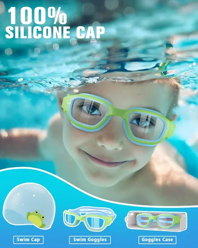 Vista 7 de Kids Swim Goggles with Silicone Swim Cap, Swimming Goggles Cap Set for Kids 6-14, Anti-Fog Anti-UV for Boys Girls