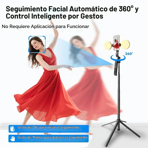Vista 3 de Trípode para selfie stick de seguimiento automático con luz de llenado, rotación de 360 grados y control de gestos, trípode para selfie stick