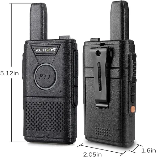 Vista 4 de Retevis Walkie Talkies recargables RT18, radios portátiles FRS bidireccionales, PTT dual, VOX, clip de metal, pequeño mini walkie-talkie