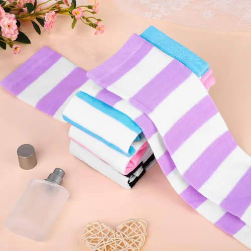 Vista 5 de Aneco 4 pares de calcetines de rayas altas por encima de la rodilla, calcetines altos hasta el muslo, accesorios de cosplay para mujeres y niñas