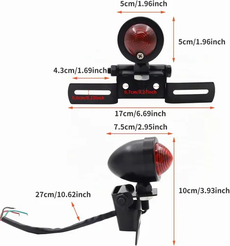 Vista 6 de Luz trasera de bala de motocicleta con soporte de placa de matrícula luz de freno para Cafe Racer Bob-ber Cho-pper personalizado negro rojo luz