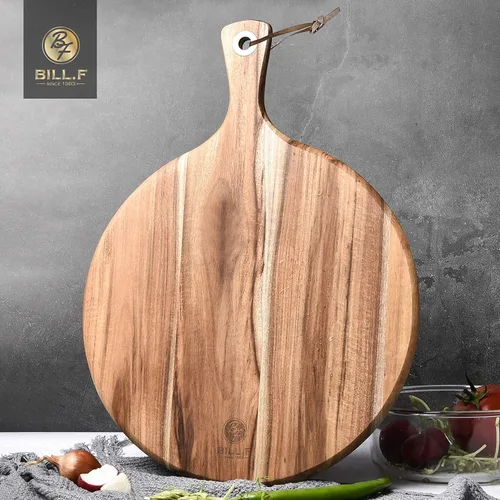 Vista 7 de BILL.F Pala para Pizza de Madera de Acacia, Tabla de Cortar de 10", Tabla de Paddle para Queso, Bandeja de Pan y Galletas para Servir y Preparación