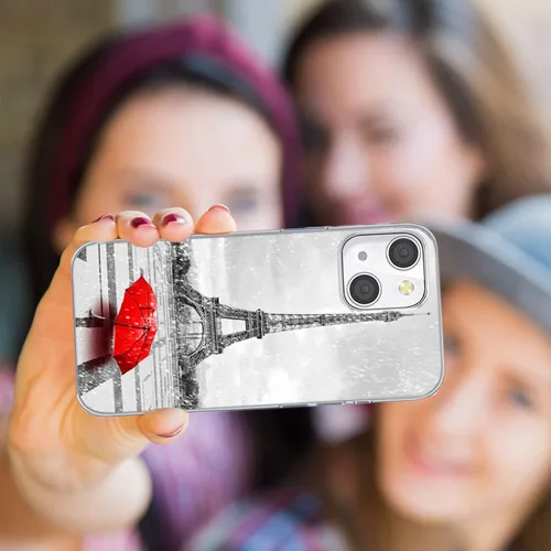 Vista 7 de Funda para iPhone 14/13, funda transparente de TPU suave de ajuste delgado con diseño de paraguas rojo de la torre Eiffel de París, a prueba de Una