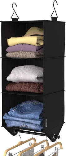 Vista 4 de ClosetMaid Organizador de armario colgante de tela de 3 estantes con barra de ropa para camisas, suéteres, pantalones, sombreros, zapatos, monederos