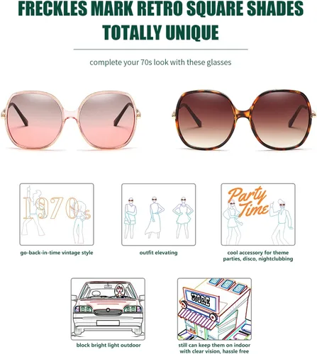 Vista 4 de Freckles Mark Gafas de sol cuadradas de gran tamaño de los años 70 para mujer, marco de plástico rectangular vintage