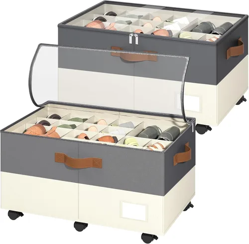 Vista 17 de Foyego Organizador de zapatos para armario, organizador de zapatos con ruedas y divisores ajustables, caja de almacenamiento de zapatos apilable