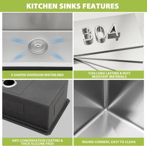 Vista 4 de Fregadero de 28x19x9 Inch Single Bowl Integrated Ledge Deep Bowl Handmade Under Counter Sink