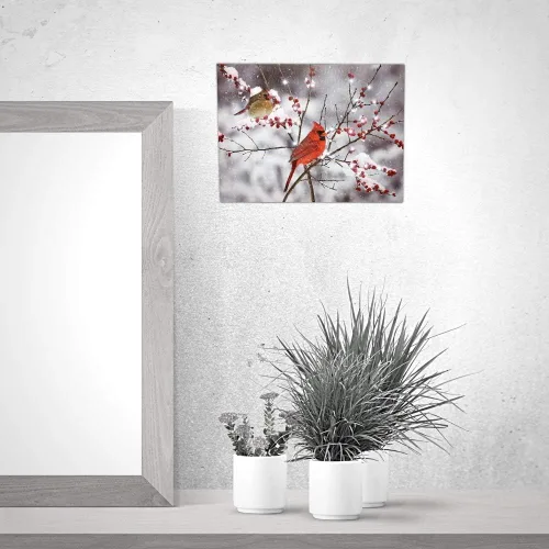 Vista 5 de BANBERRY DESIGNS Impresión en lienzo de cardenales iluminados en la nieve, imagen LED con pareja cardenal y bayas navideñas, mide 11.75 x 15.75