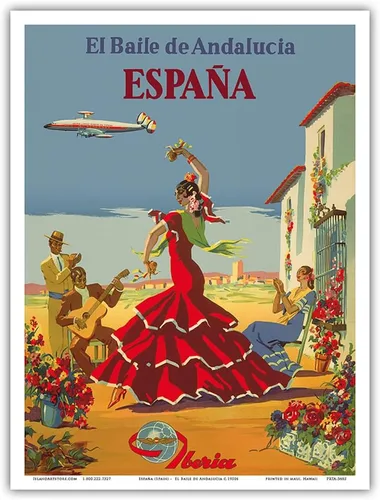 Vista 9 de España (España) - La danza de Andalucía (El Baile de Andalucia) - Iberia Air Lines of Spain - Póster vintage de viaje de aerolínea c.1950s