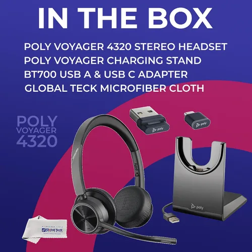 Vista 5 de Poly Voyager 4320 UC - Auriculares inalámbricos Bluetooth Duo (USB-A) con soporte de carga, paquete global Teck con paño de microfibra, teléfono