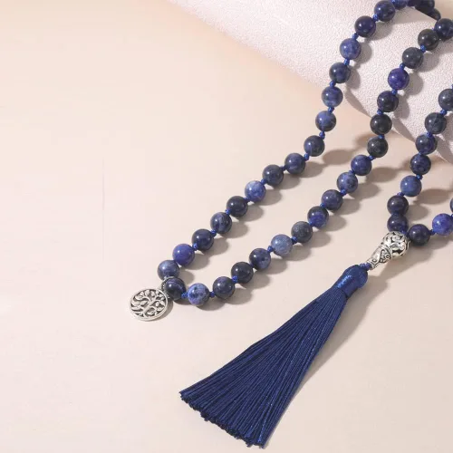 Vista 5 de 108 cuentas de Mala piedras semipreciosas Japa Mala cuentas borla collar con colgante de árbol de la vida