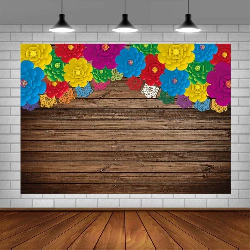 Vista 4 de AIBIIN Telón de fondo de fotos de fiesta mexicana de 8 x 6 pies, banderas rústicas de madera con flores coloridas, fondo de fotografía, cumpleaños
