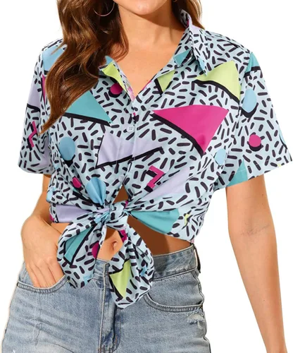 Vista 3 de Trajes de los años 80 y 90 para mujer, camisa de discoteca retro para fiesta temática de los años 80, camisa hawaiana de neón con botones y manga