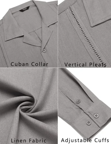 Vista 5 de COOFANDY Mens Linen Shirt Casual Cuban Guayabera Long Sleeve Button Down Beach Shirts