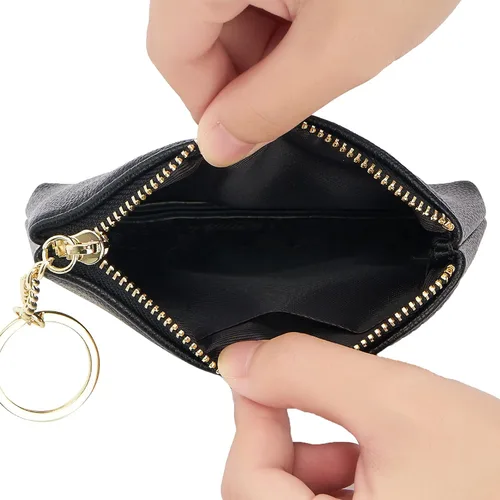 Vista 5 de Monedero de cuero artificial con cierre de llavero para hombres y mujeres, a negro, Monedero