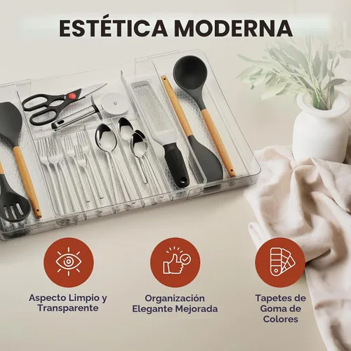 Vista 6 de Masirs Organizador de cajones de utensilios expandible, bandeja de cubiertos transparente de plástico sin BPA con múltiples compartimentos