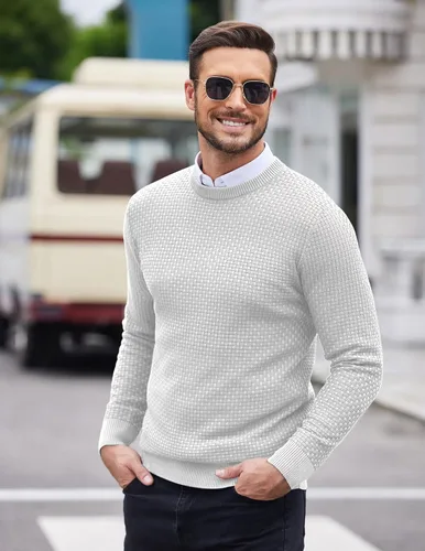 Vista 3 de COOFANDY Suéter de cuello redondo para hombre, suéter de punto de manga larga, casual, ajustado
