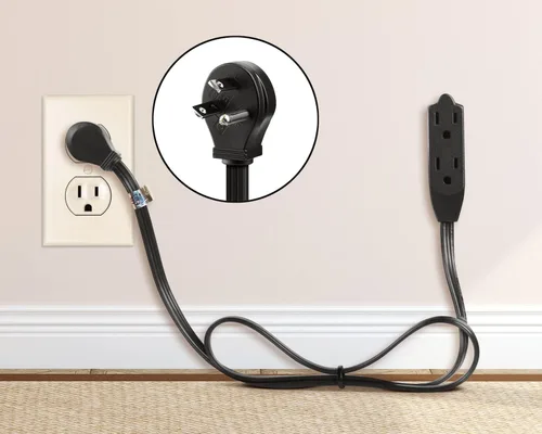 Vista 5 de Maximm Cable de extensión de enchufe plano de 1 pie / cable, salida múltiple - Cable de extensión de enchufe en ángulo de 3 clavijas - Negro