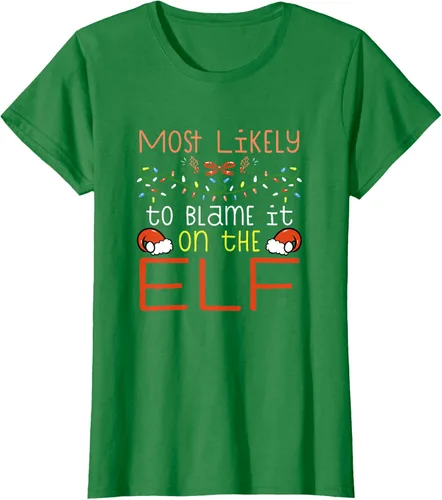 Vista 32 de Camiseta de Navidad familiar a juego con la frase "Most Likely To Blame It On The Elf" Negro