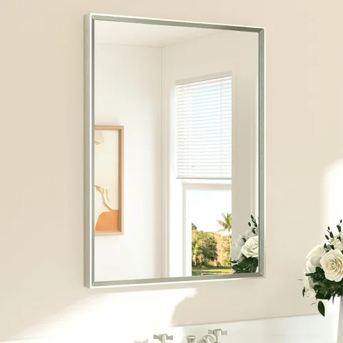 Vista 61 de TETOTE Espejo de baño dorado cepillado de 20" x 30", espejo de tocador de baño rectangular de latón dorado cepillado con marco biselado para sobre