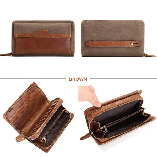 Vista 2 de SUMGOGO Billeteras para hombres y mujeres, bolso de mano para teléfono y tarjeteros, bolso vintage de lona de cuero auténtico, doble bolsillo