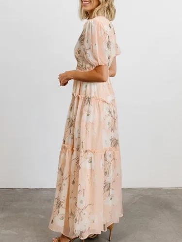 Vista 3 de Amegoya Vestido largo casual de manga corta con cuello en V para mujer, diseño floral, estilo bohemio, para la playa, sesión de fotos, con volantes