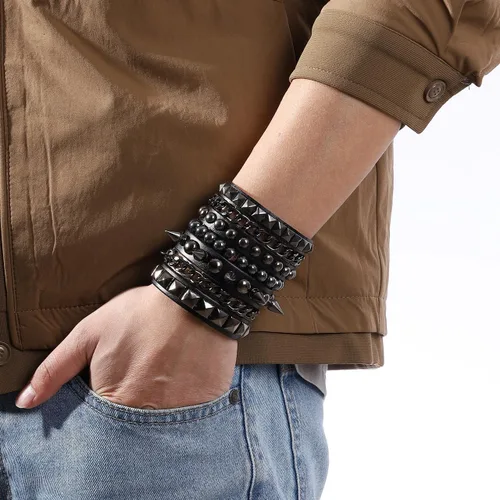Vista 7 de Eigso Pulseras de cuero punk rock para hombres y mujeres, estilo retro, vintage, cadena de los años 80, para hombre y mujer