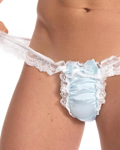 Vista 5 de Satini Tanga Tanga Sissy de satén para hombre Azul bebé - Blanco