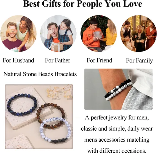 Vista 5 de SAMOCO 12 piezas de pulseras de ojo de tigre para hombres, piedra natural, cuentas de 8 mm, juego de pulseras elásticas ajustables de roca de lava