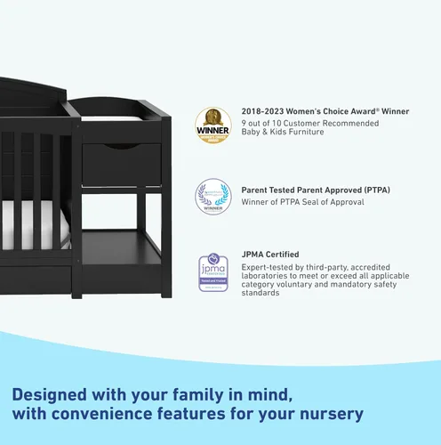 Vista 4 de Graco Bellwood - Cuna convertible 5 en 1 y cambiador con cajón (negro) - Certificado GREENGUARD Gold, cajón de almacenamiento de tamaño completo, se